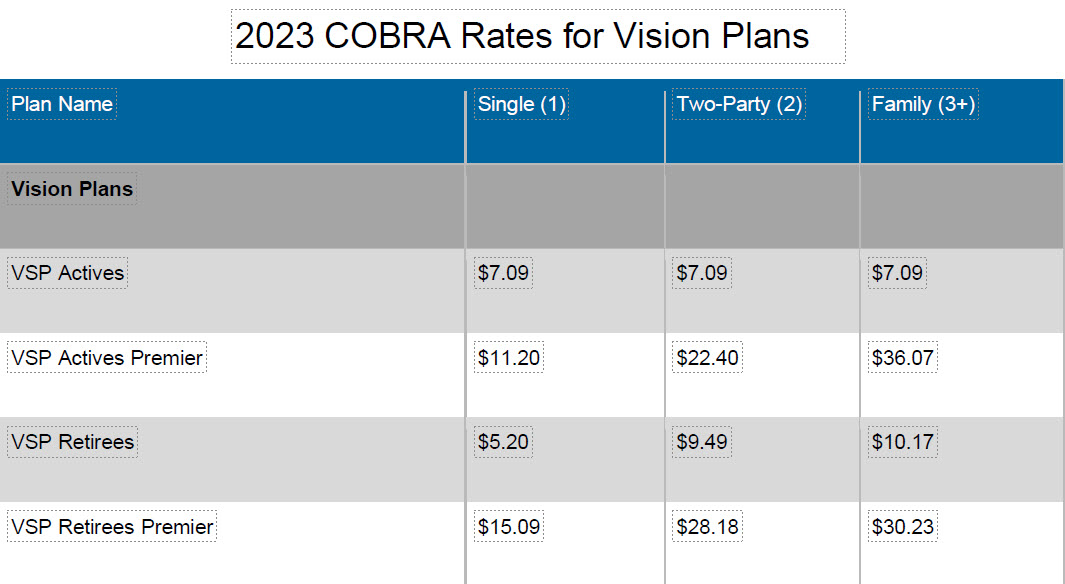 2023 COBRA Vision Rates