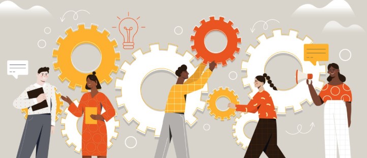 Picture depicting People working together with gears. Showing automation and teamwork.