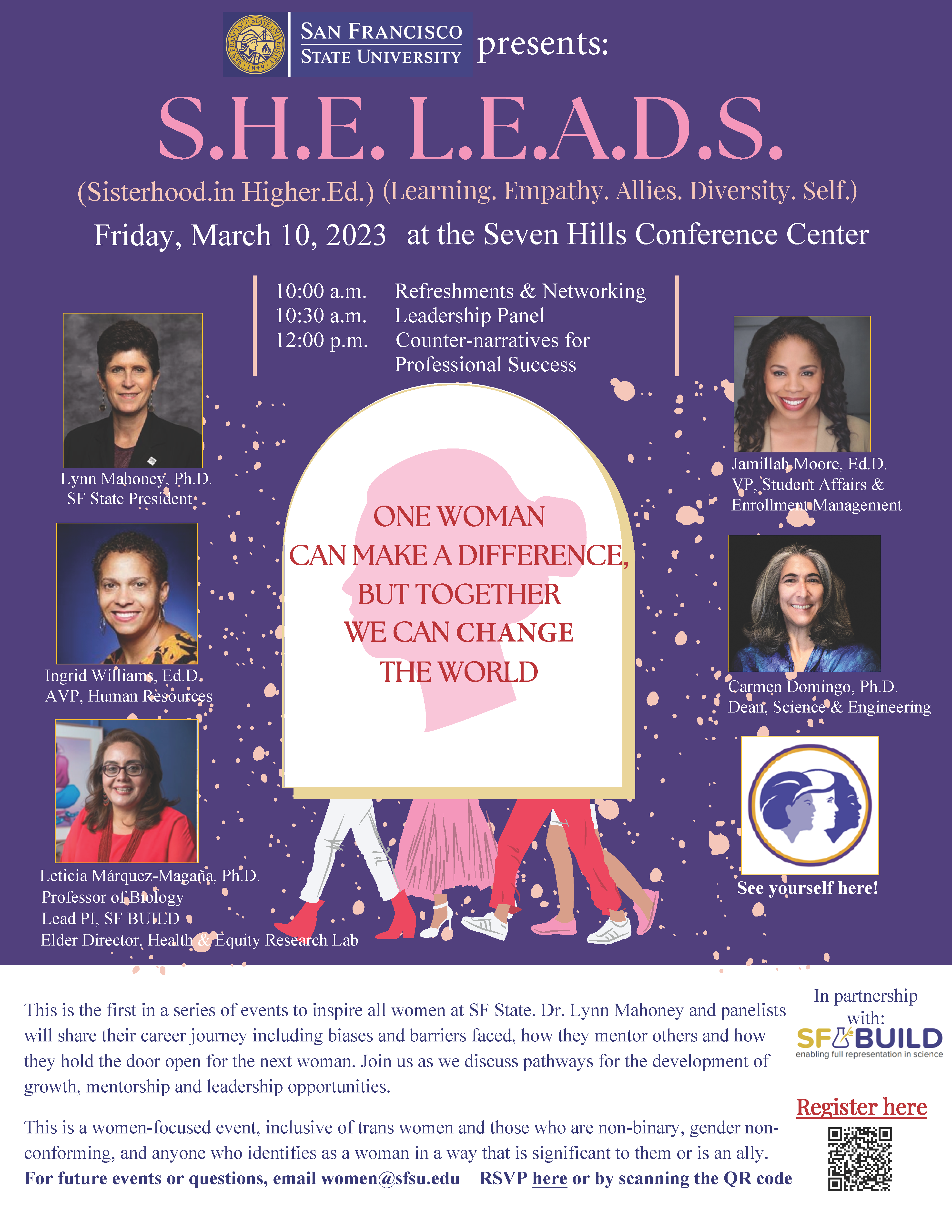 Flyer for SHE LEADS event on March 10, 2023